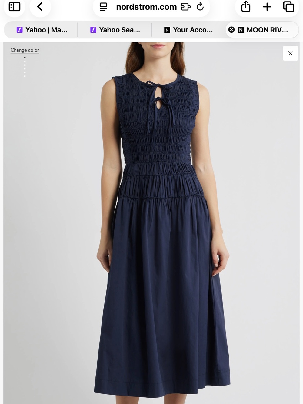 Moon River Navy Smocked Tie-Neck Midi Dress